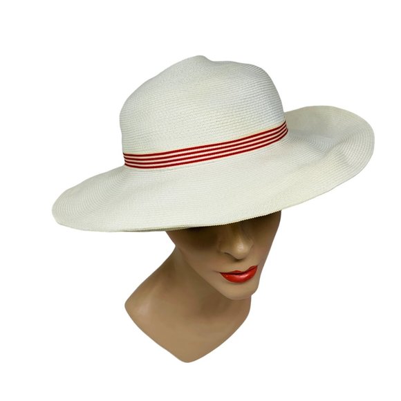 Vintage 1950s Sun Hat White Red Striped Ribbon Chin Strap Bonwit Teller Dapper main image 13